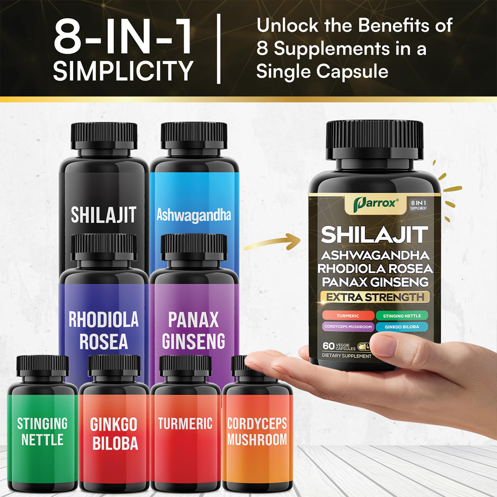Assorted capsules featuring Shilajit and allies