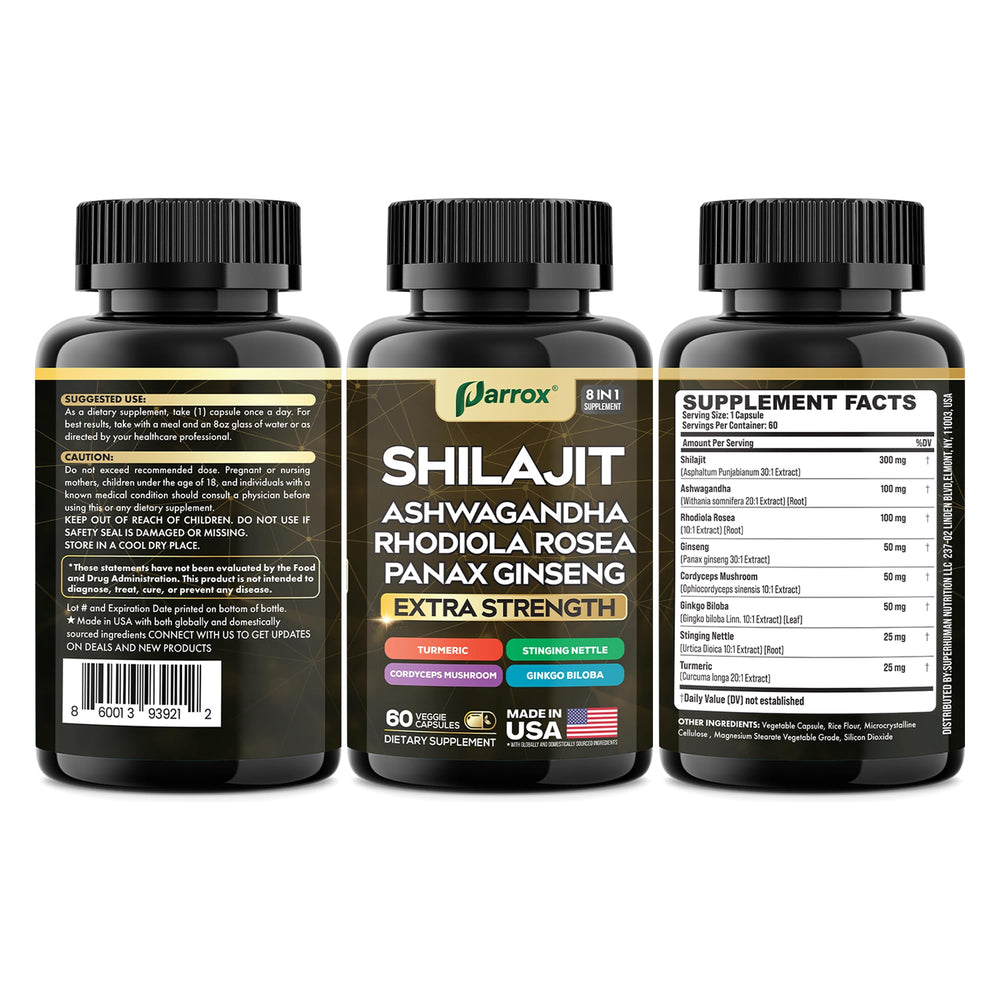 Parrox Shilajit 120-cap bottle label on display