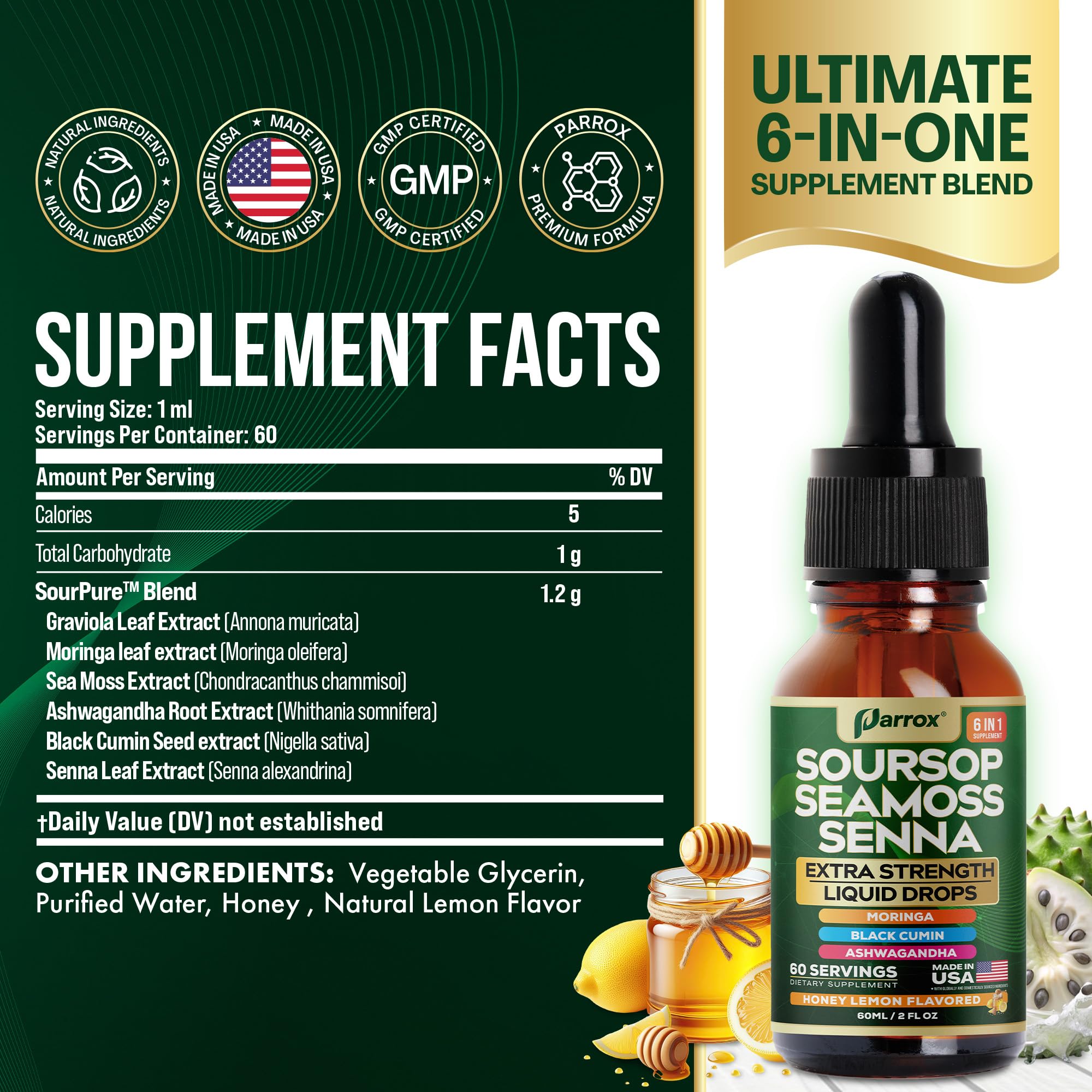 Dropper dispensing honey lemon flavored liquid