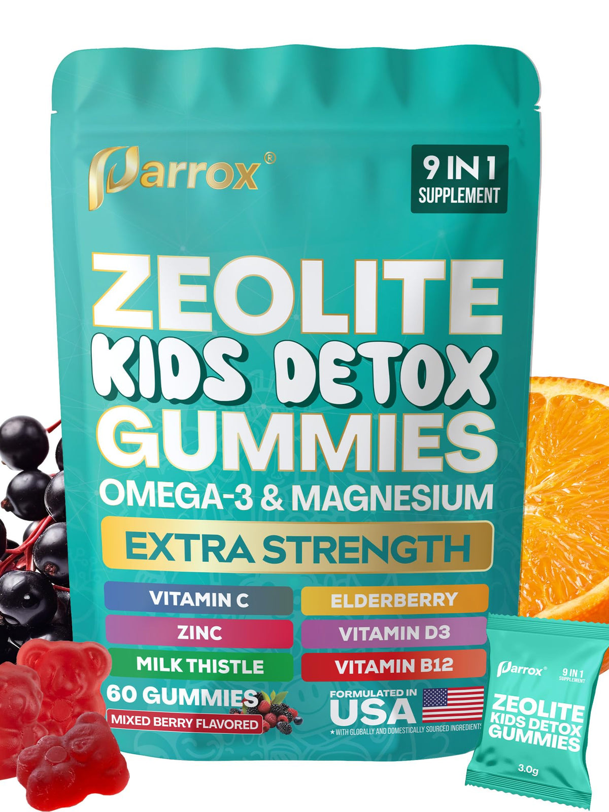 Parrox Zeolite Kids Gummies bottle front label