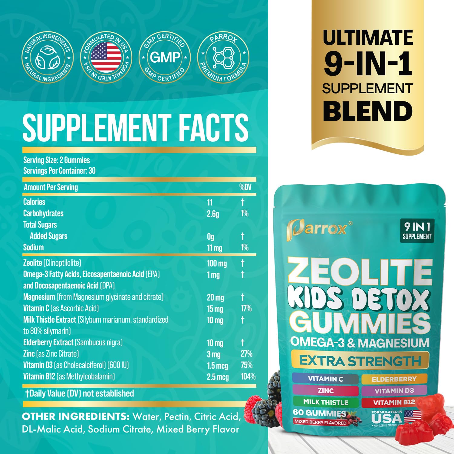 Close-up of a mixed berry Parrox Zeolite Kids Gummy