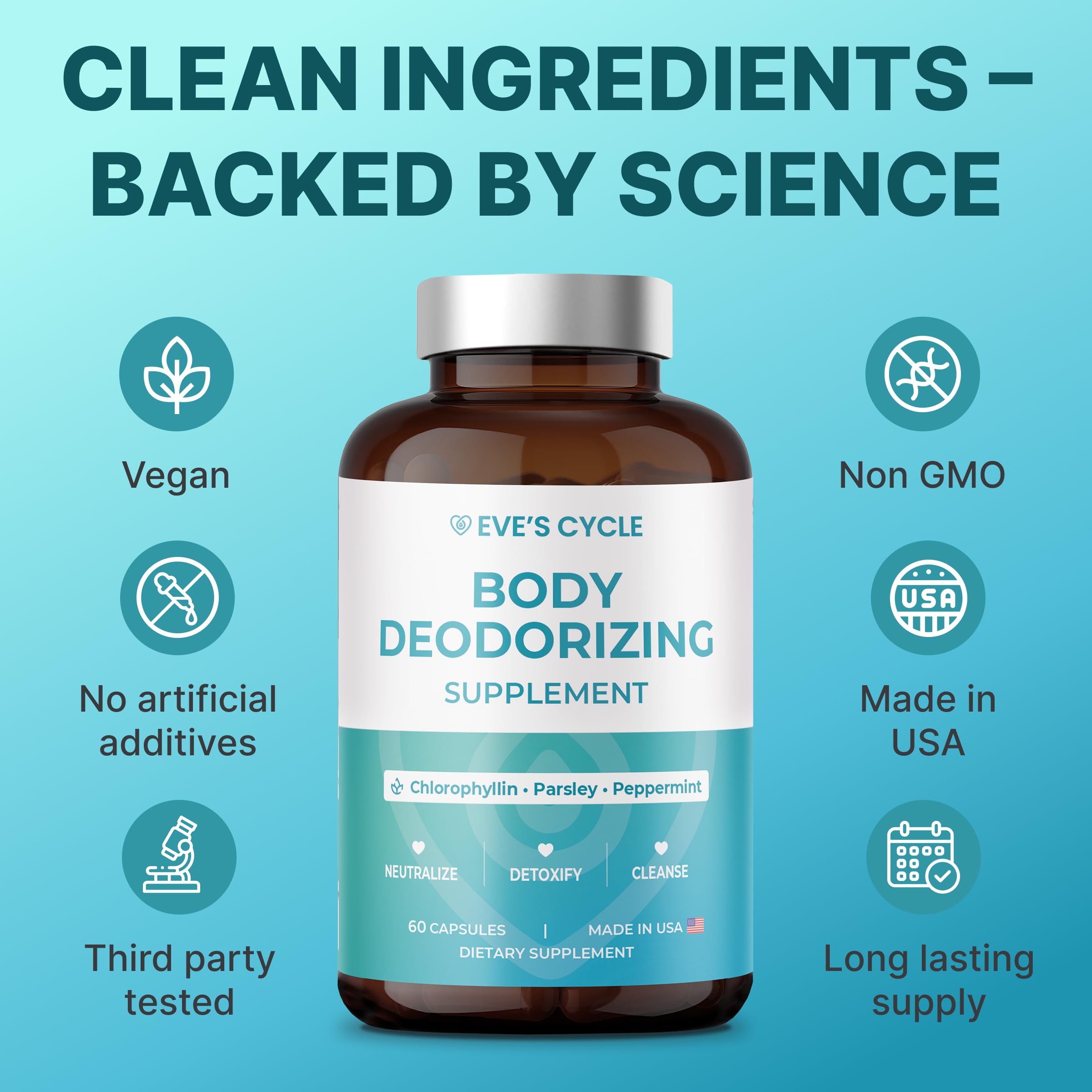 Chlorophyllin, parsley and peppermint ingredients label for internal odor control