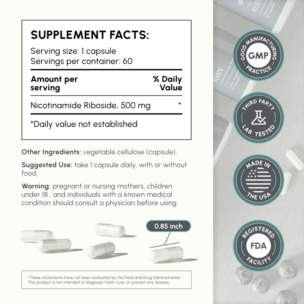 NR bottle label highlighting NAD+ and NR benefits