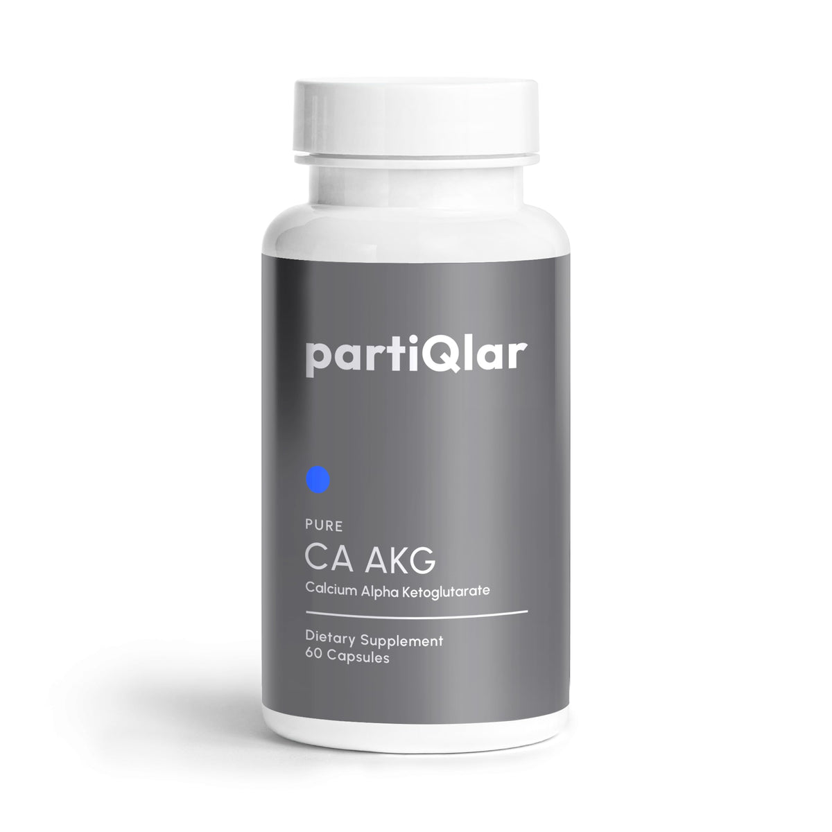 PartiQlar CA AKG bottle closeup highlighting pure alpha-ketoglutarate for energy support.