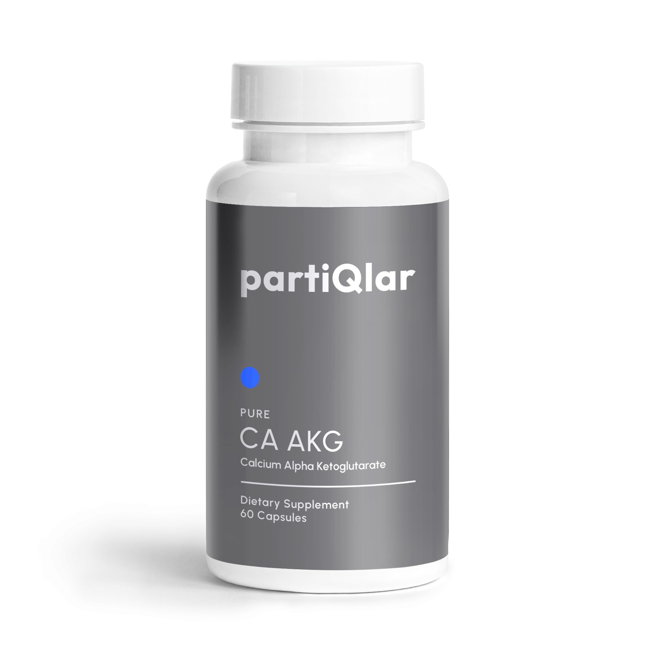 PartiQlar CA AKG bottle closeup highlighting pure alpha-ketoglutarate for energy support.