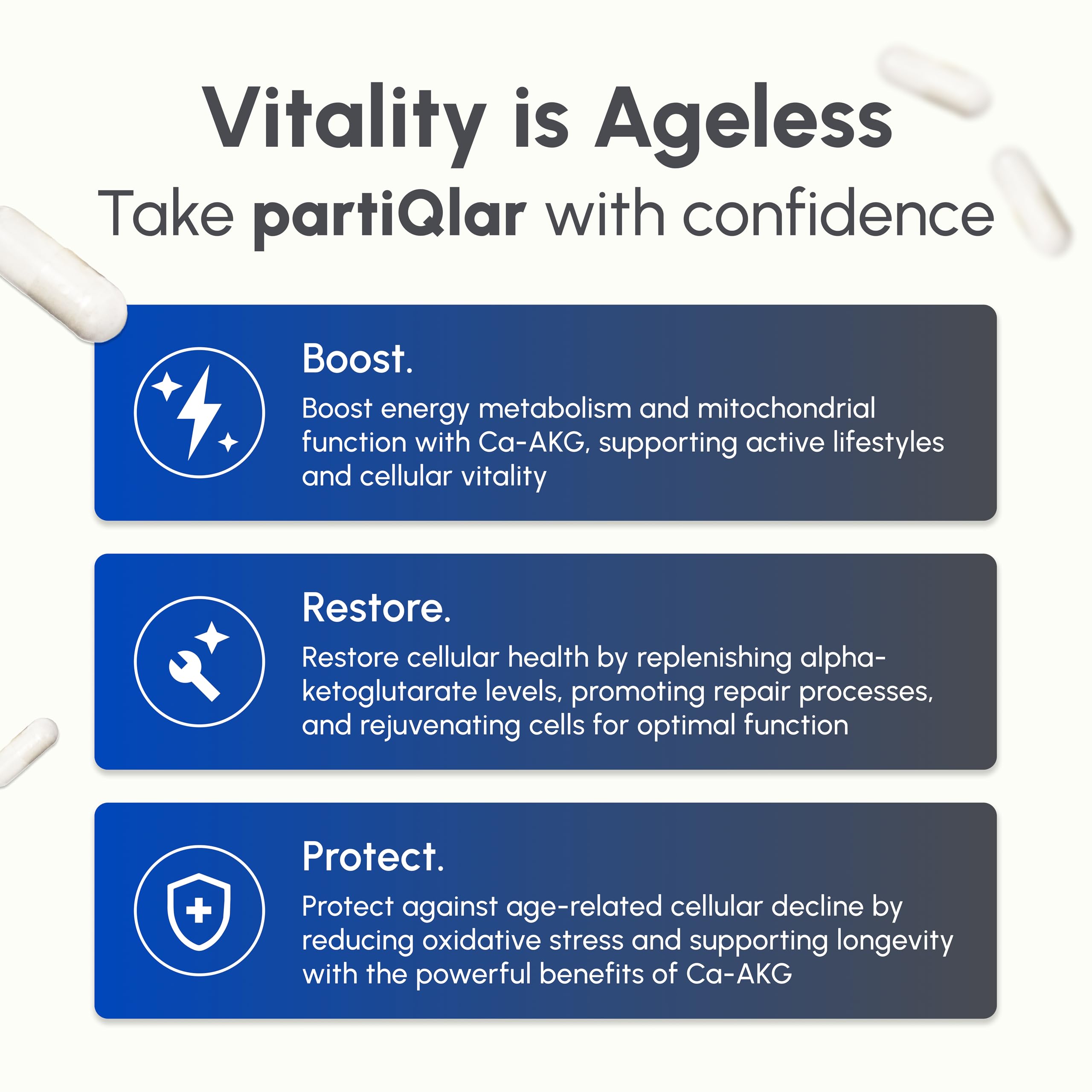 PartiQlar CA AKG capsules ready-to-swallow for metabolic energy production.