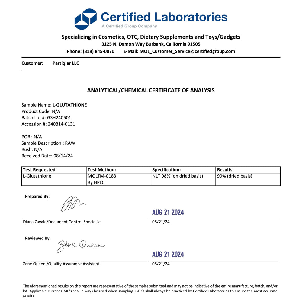 PartiQlar Pure L-Glutathione bottle with open cap for convenient dosing.