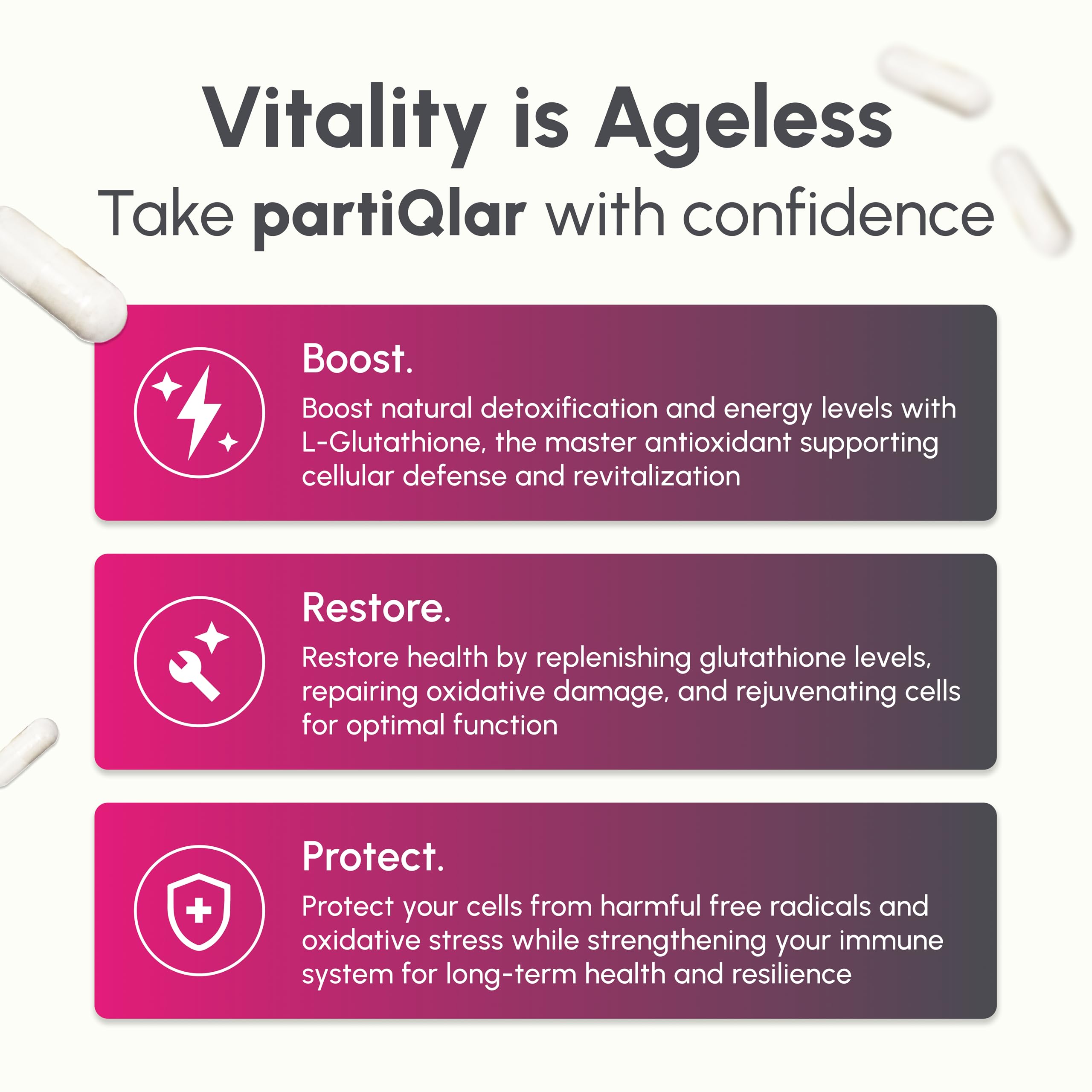 PartiQlar Pure L-Glutathione capsules close-up highlighting sustained-release formula.