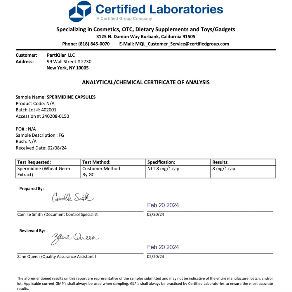 Ingredients and purity label of partiQlar