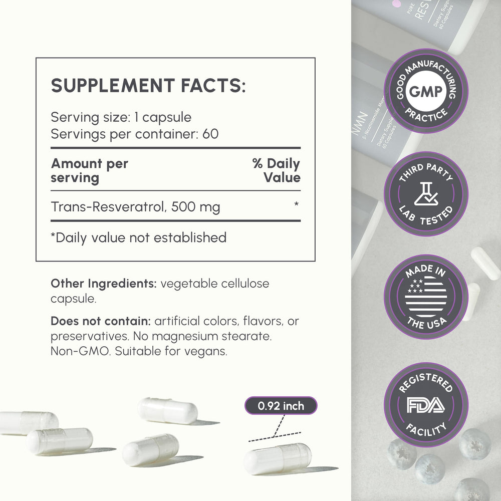 Vegan label on partiQlar Trans-Resveratrol bottle