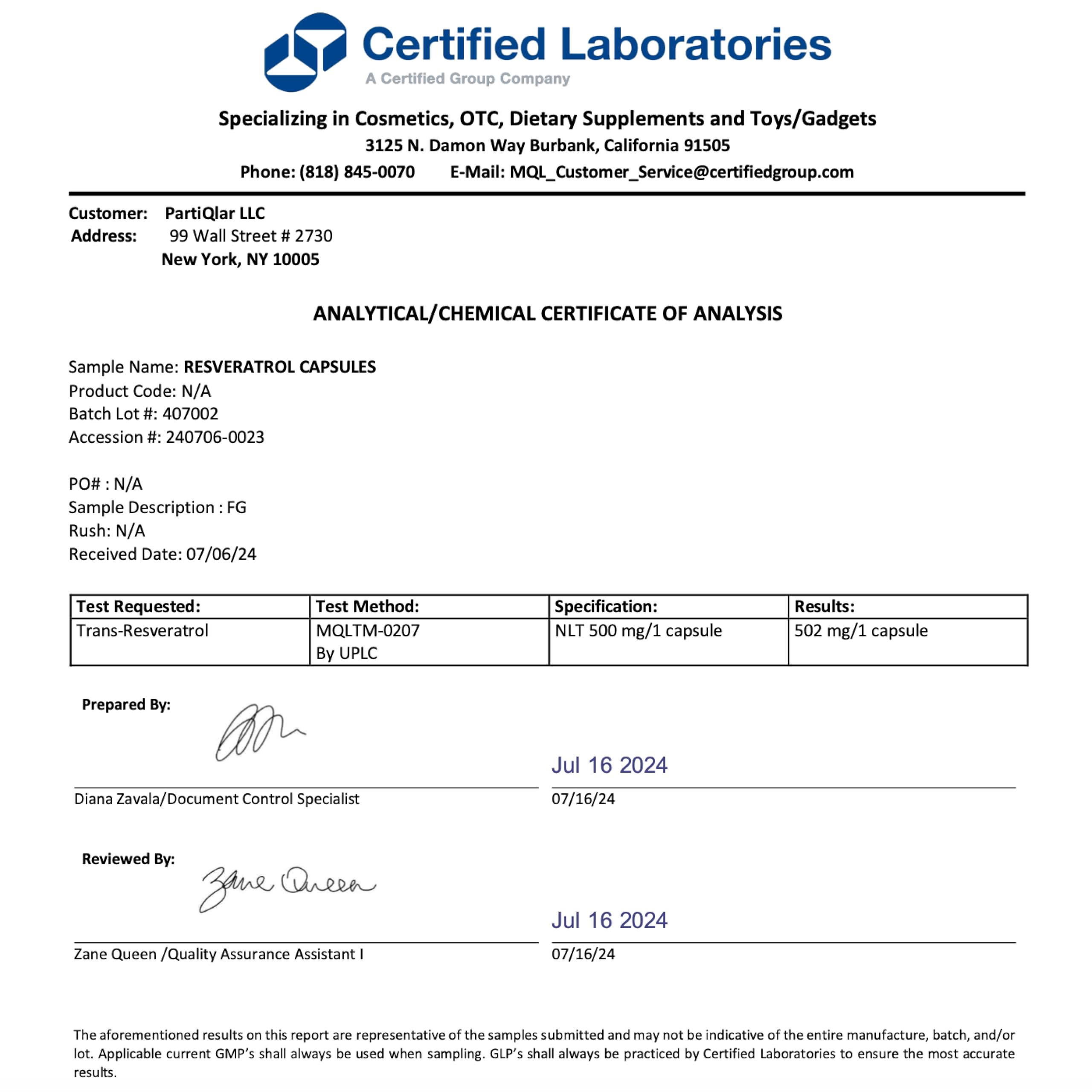 60 capsules per bottle of partiQlar Trans-Resveratrol