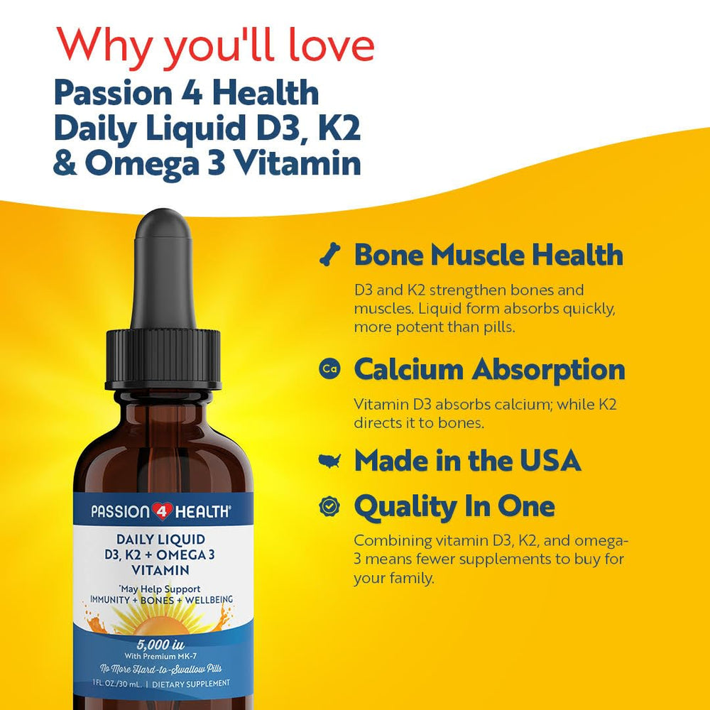 Droppers dispensing Passion 4 Health liquid D3 K2 Omega-3 into a glass