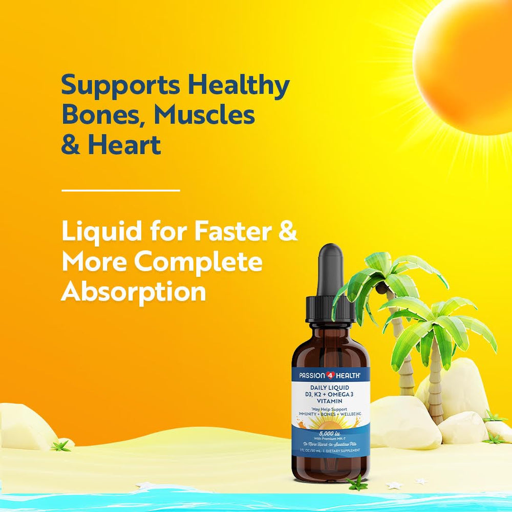 Label showing D3, K2 Mk-7, and Omega-3 details for Passion 4 Health liquid supplement