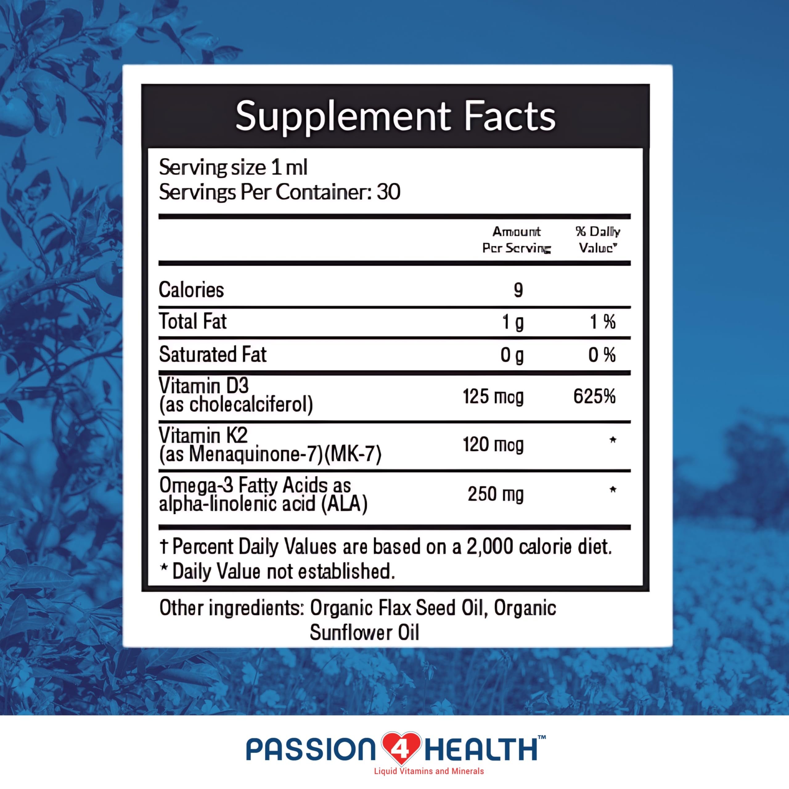 Product packaging and branding for Passion 4 Health liquid D3 K2 Omega-3 supplement