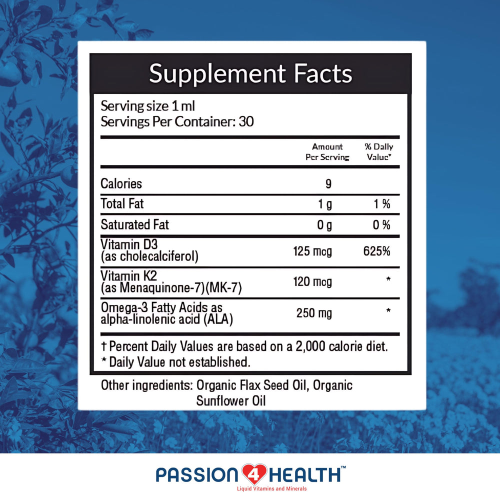 Product packaging and branding for Passion 4 Health liquid D3 K2 Omega-3 supplement