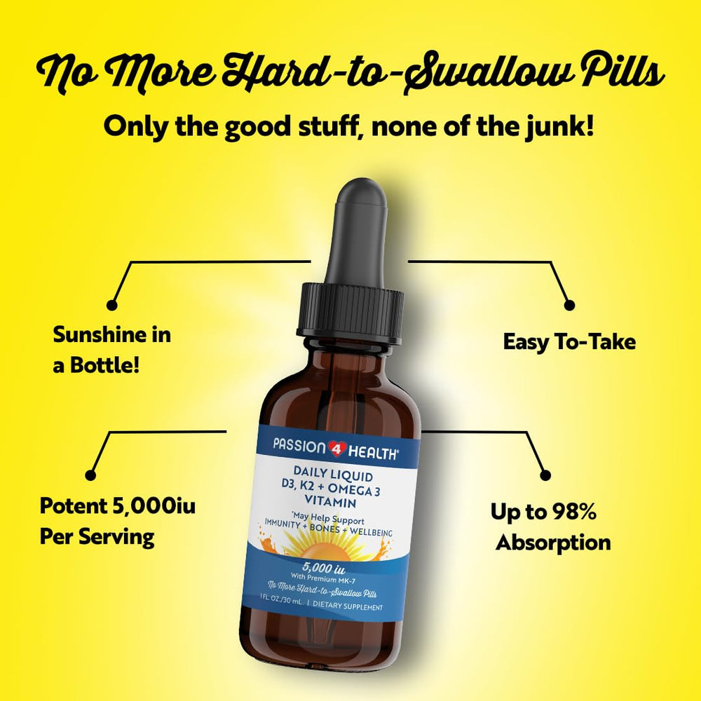 Close-up of Passion 4 Health organic liquid D3 K2 Omega-3 bottle