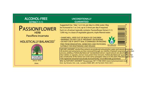 Passion Flower extract bottle label showing Non-GMO, Gluten-Free & Vegan - 1 oz
