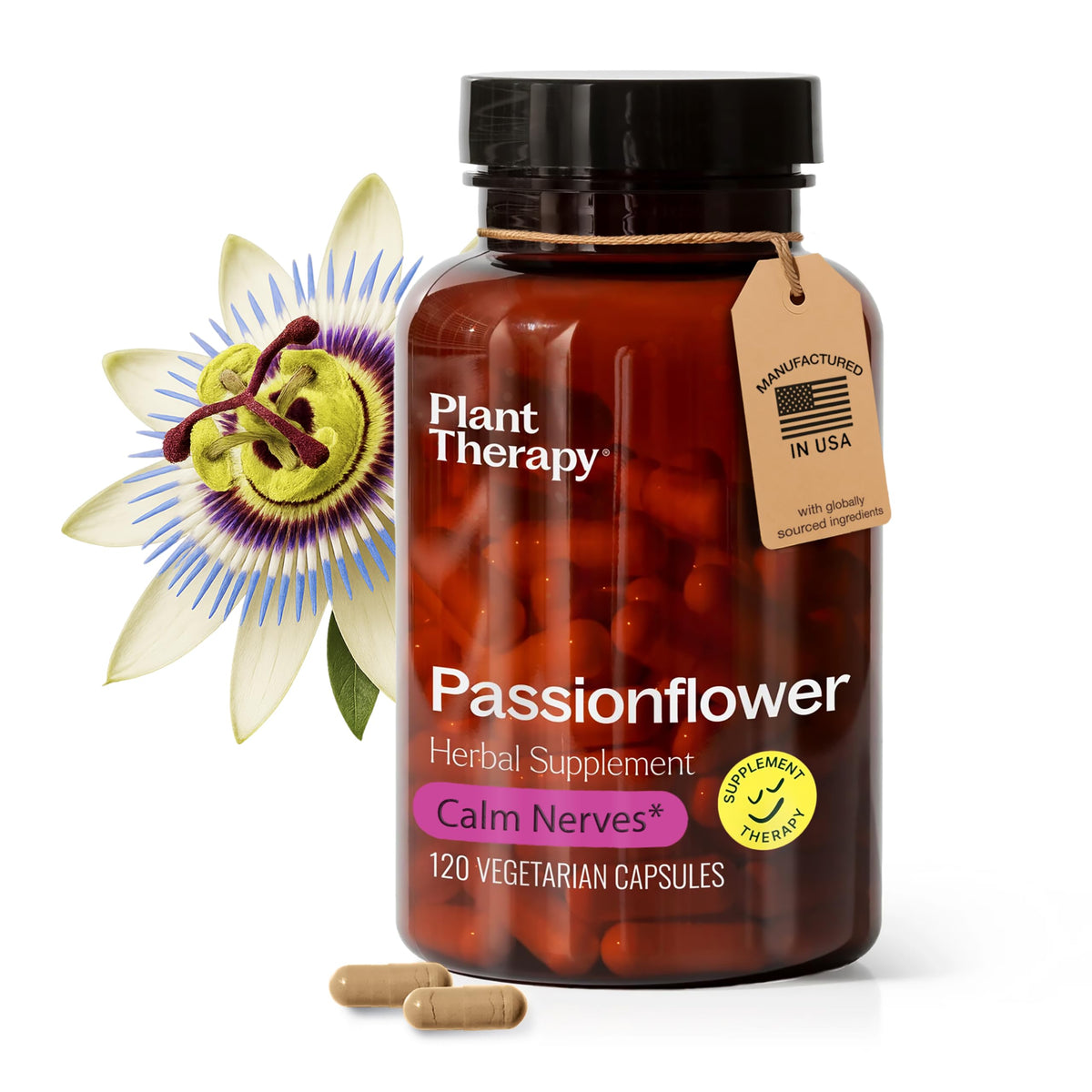 Bottle of Plant Therapy Passion Flower Capsules USA-made 120 count