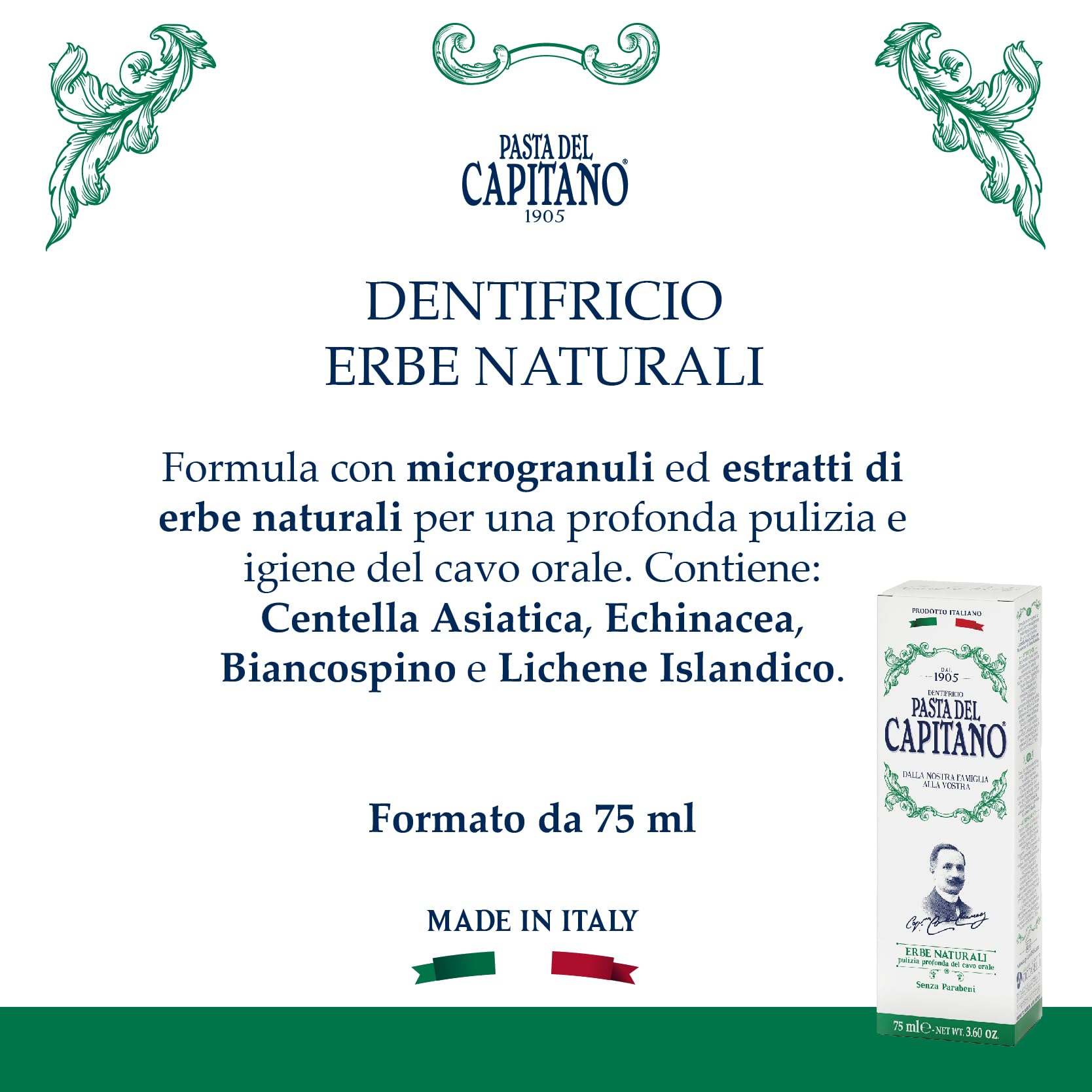 Front view of Pasta del Capitano 1905 Natural Herbal toothpaste box