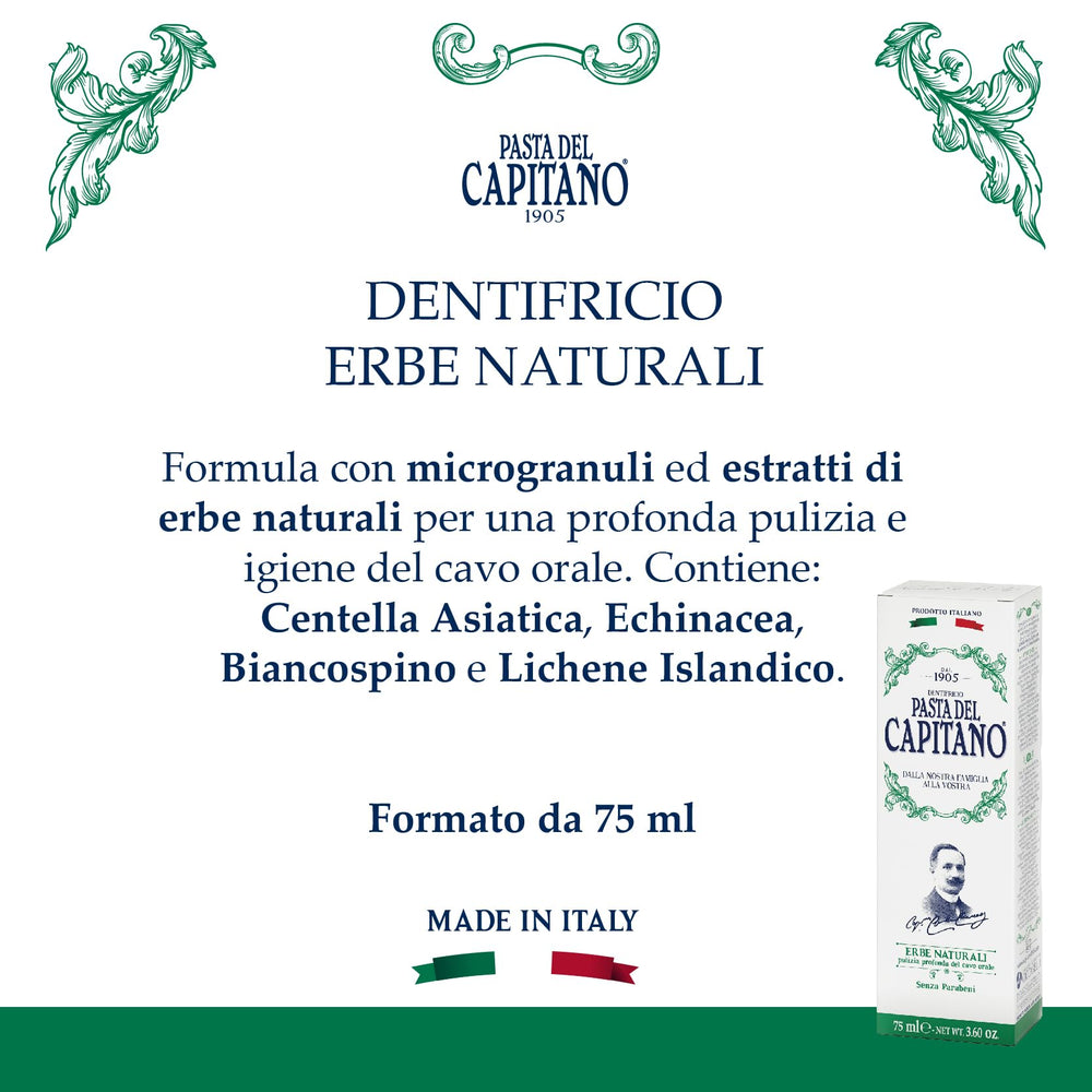 Front view of Pasta del Capitano 1905 Natural Herbal toothpaste box