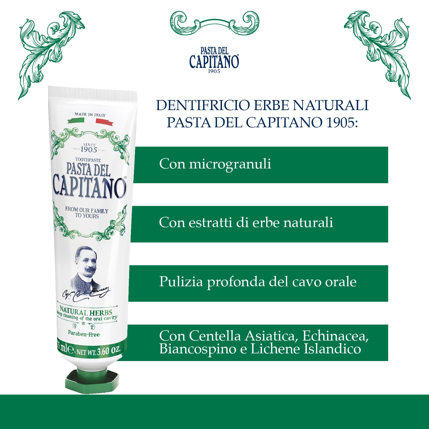 Close-up of toothpaste tube showing natural herbal ingredients