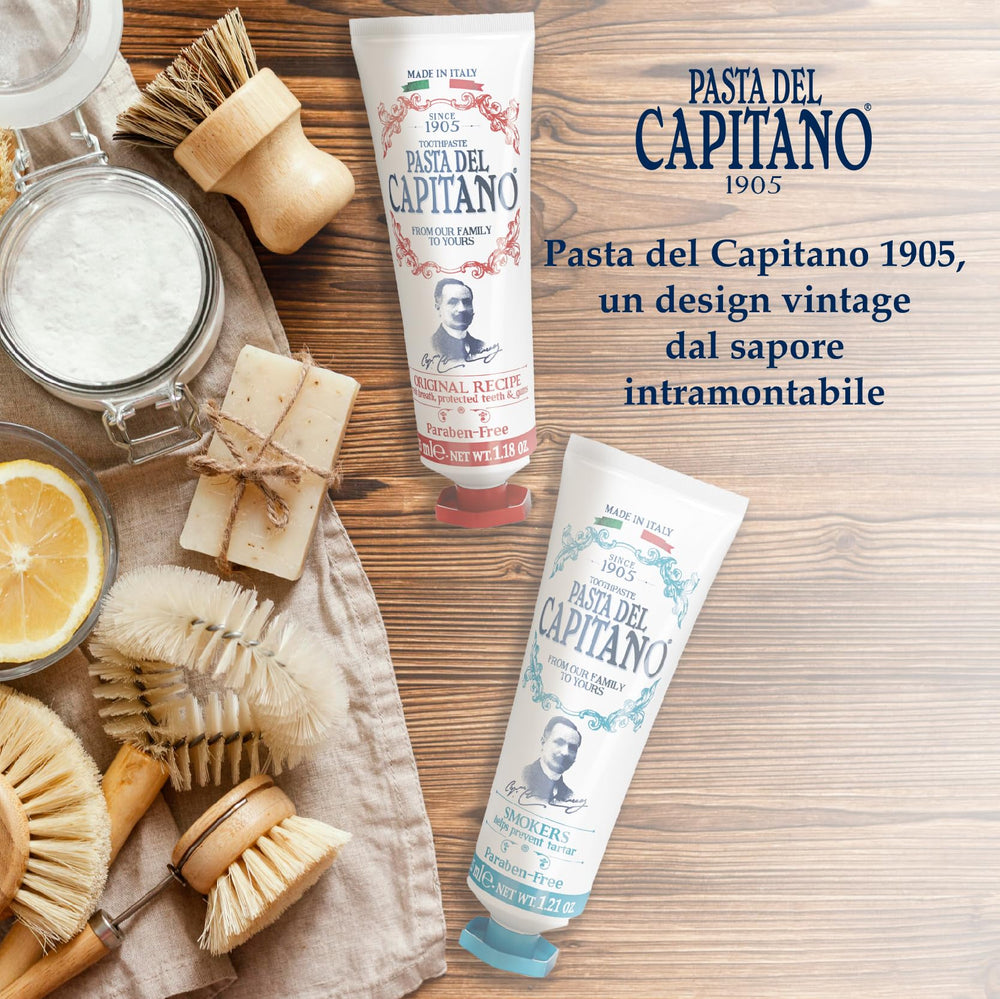 Mint leaves alongside Pasta del Capitano 1905 Smokers toothpaste