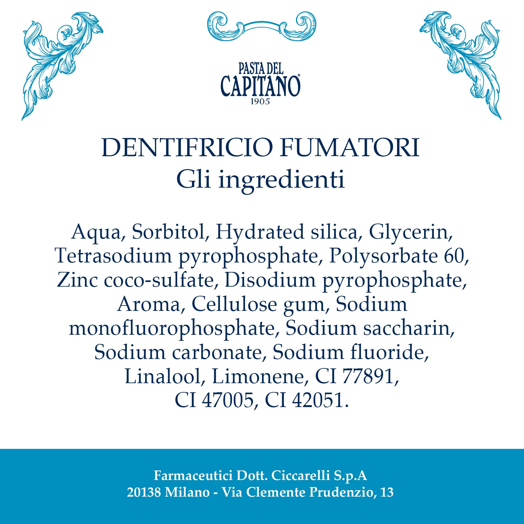 Paraben-free label on Pasta del Capitano 1905 Smokers toothpaste