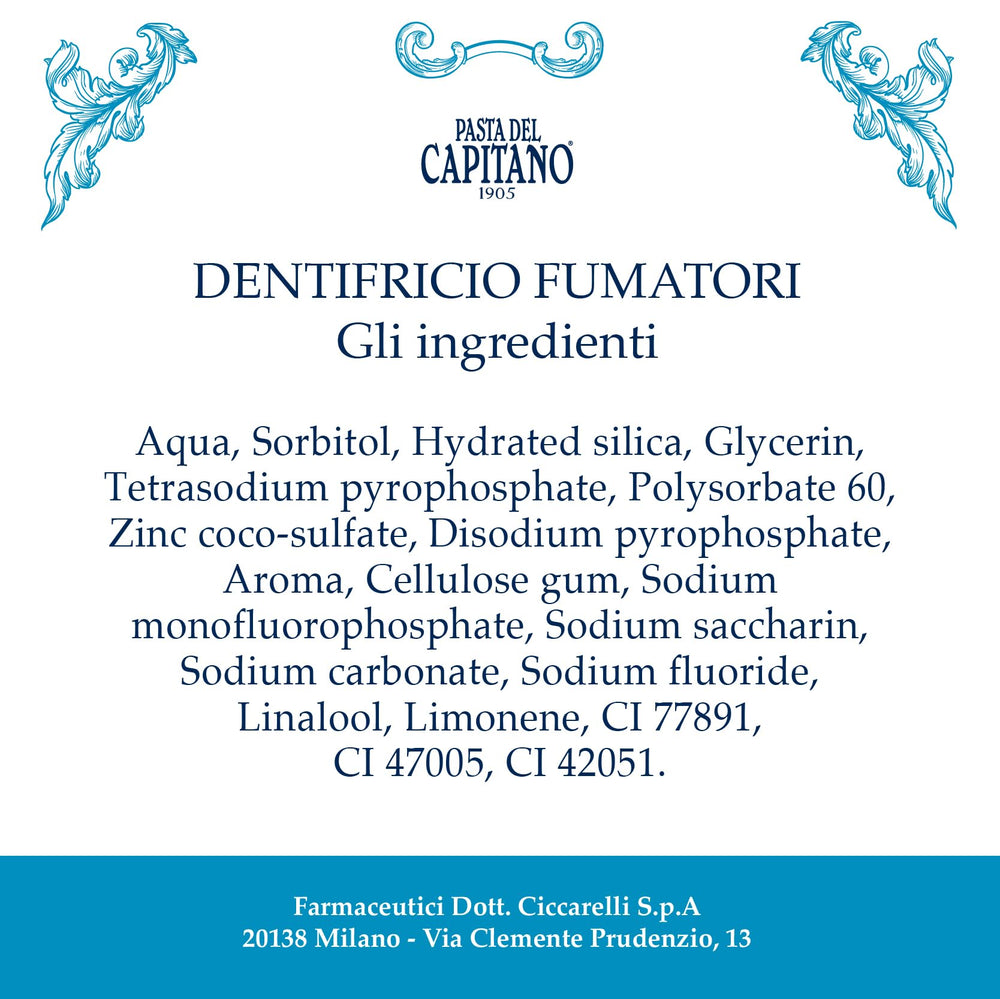 Paraben-free label on Pasta del Capitano 1905 Smokers toothpaste