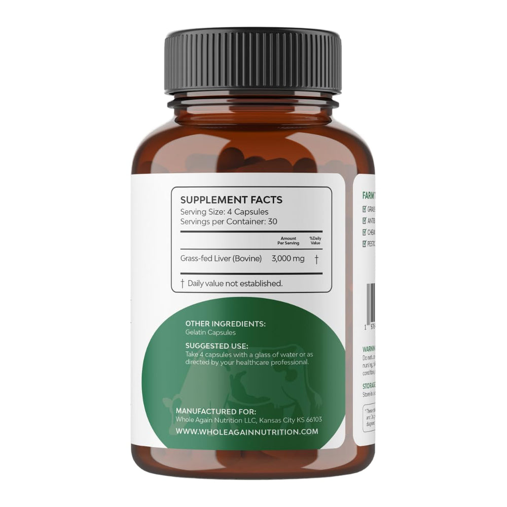 Close-up of pasture-raised desiccated liver capsules