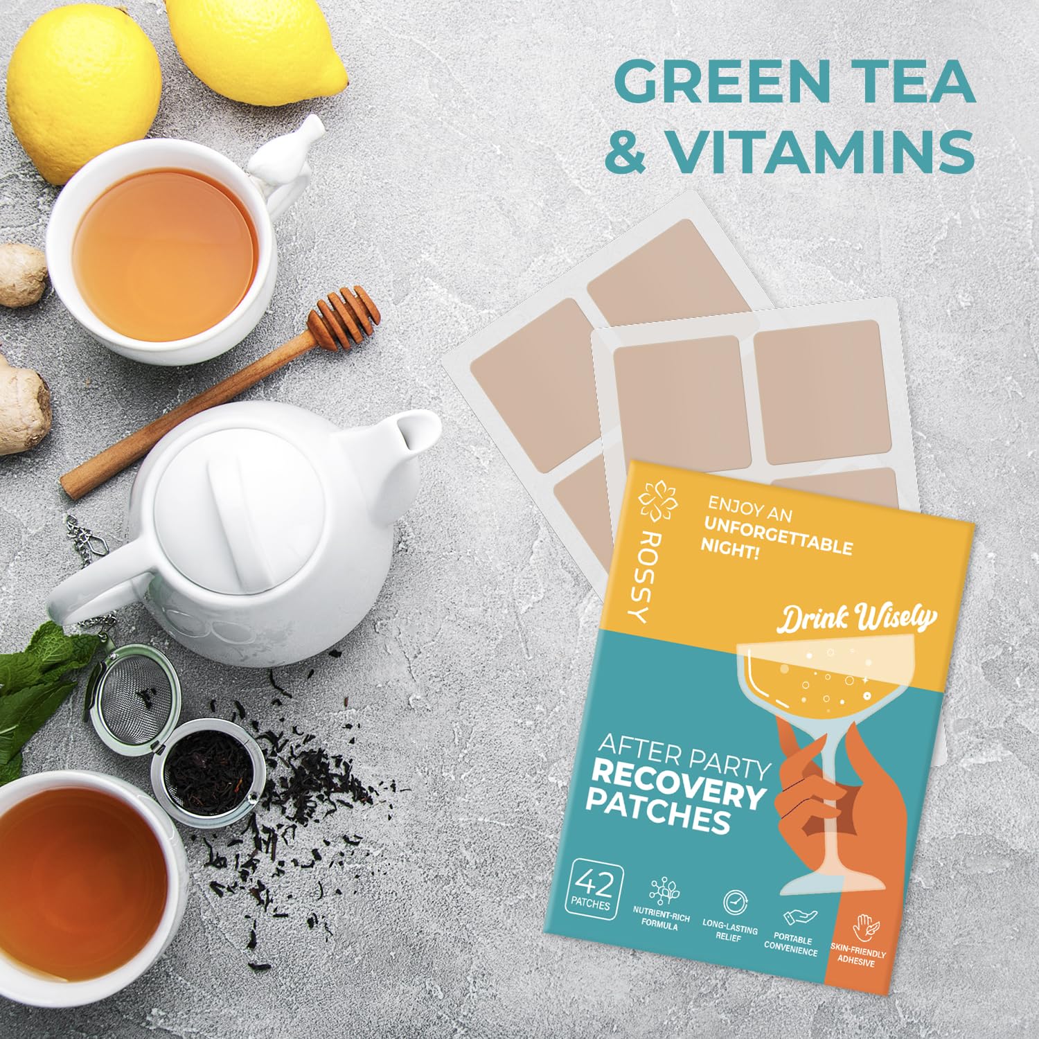Illustration of green tea, vitamins and herbal extracts used in the patch