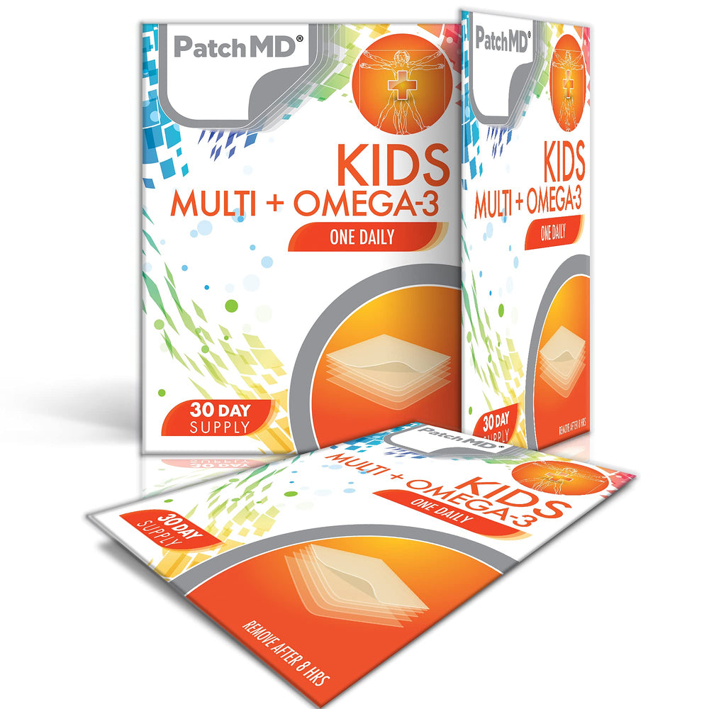 PatchMD Kids Multi + Omega-3 topical patch applied to shoulder