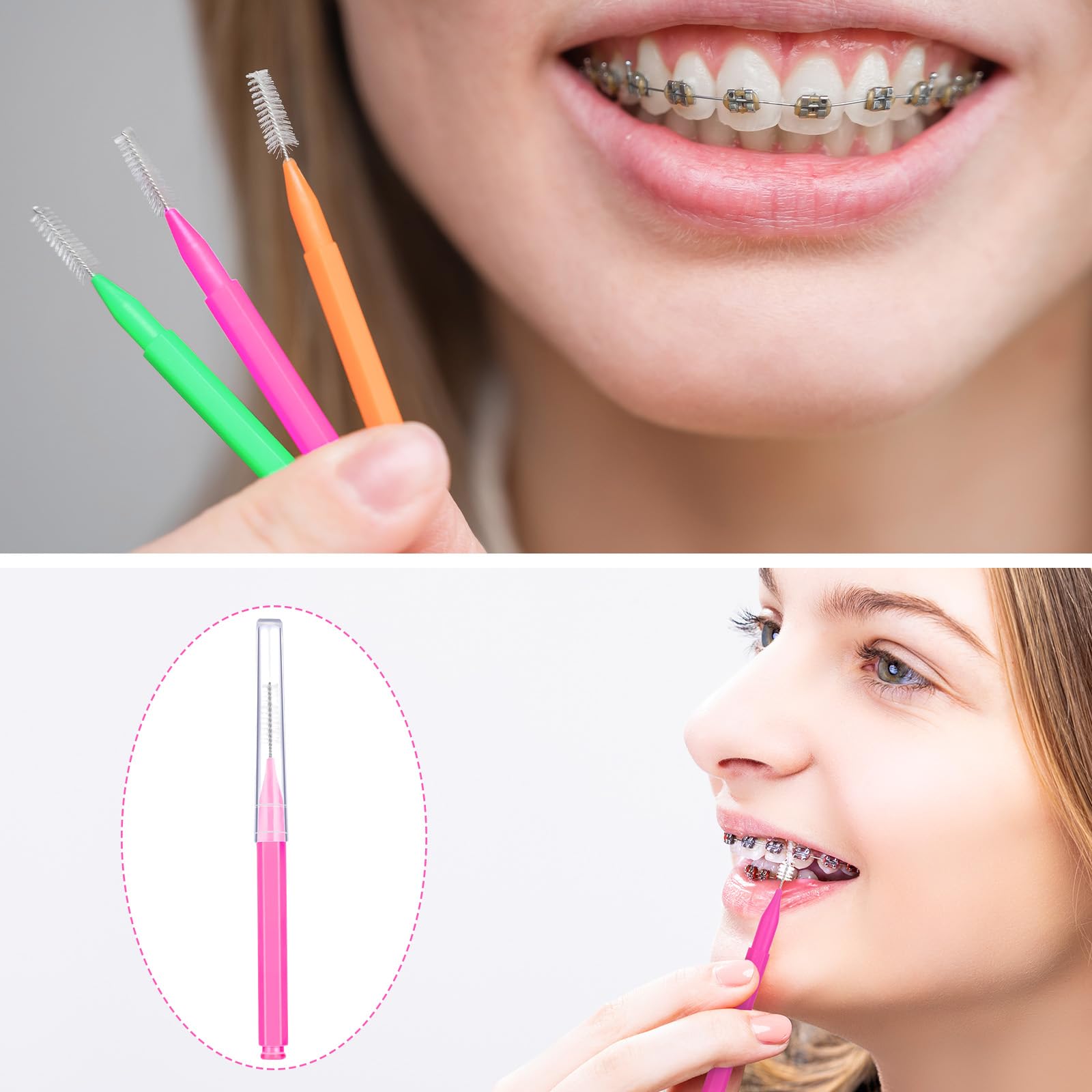 Braces brushes being used for between-teeth cleaning