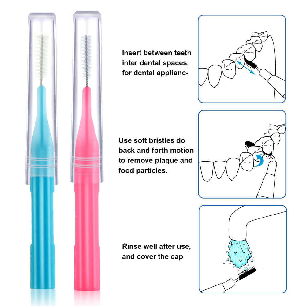 Pink head interdental brush showing compact design for cleaning between teeth