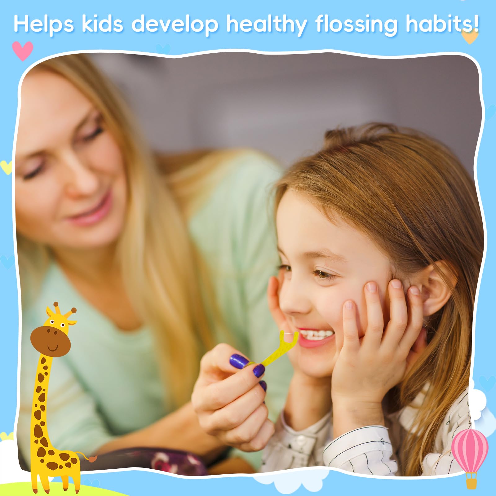 Close up of nylon floss and giraffe shaped toddler floss pick