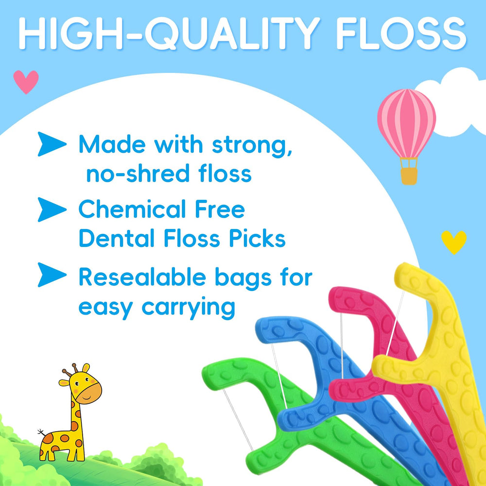 Packaging image showing four bags with 100 floss picks each