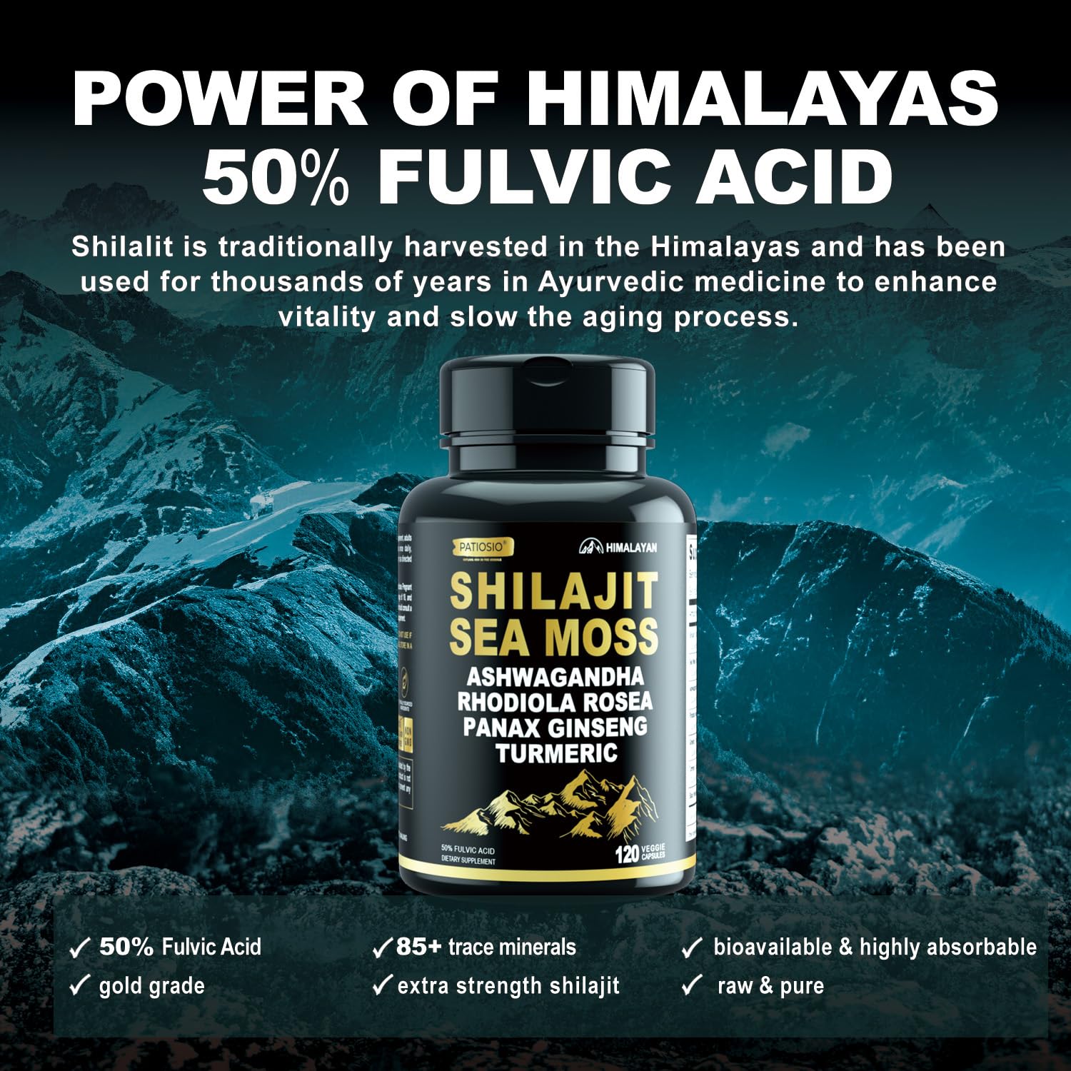 Shilajit capsules label highlighting 50% fulvic acid