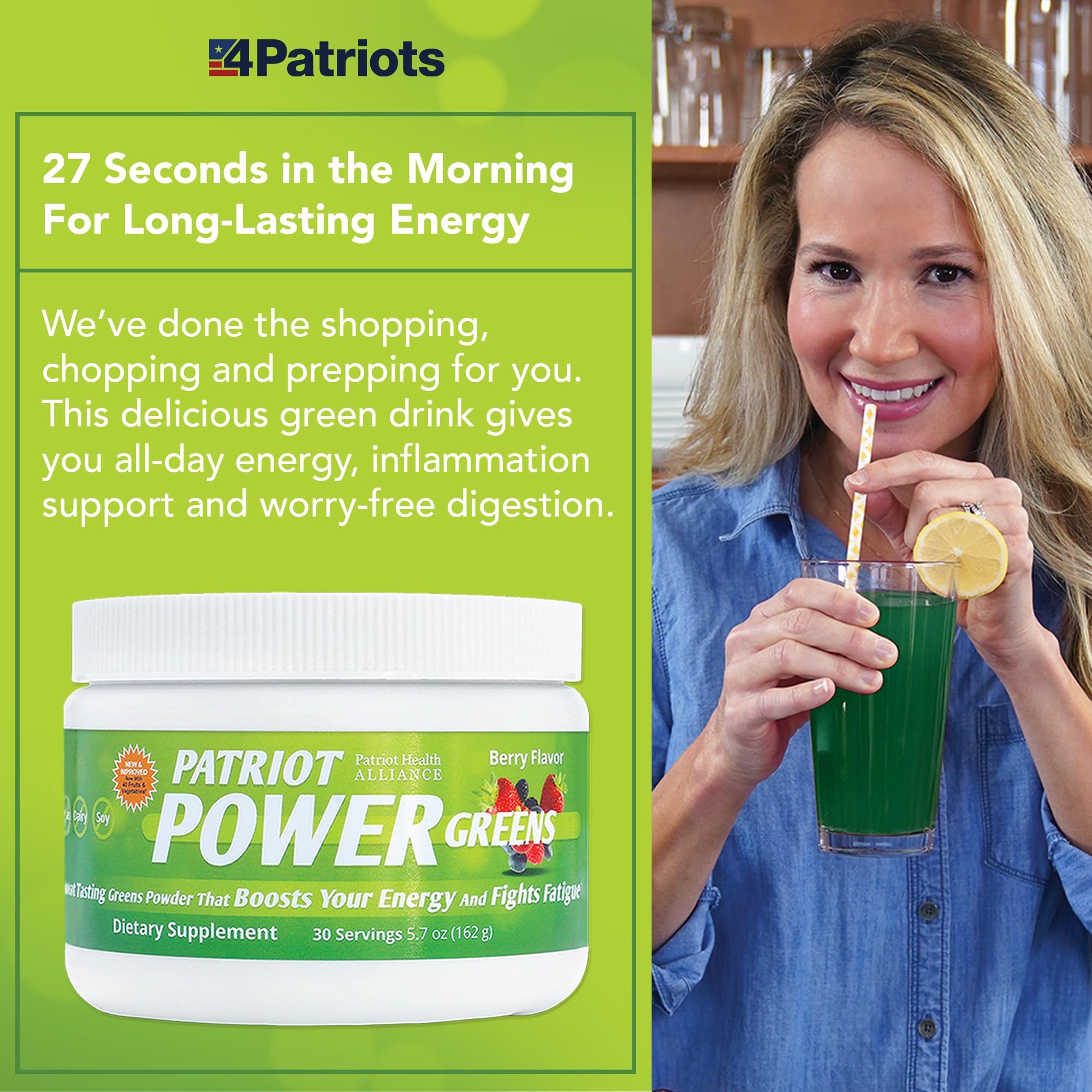 Patriot Power Greens poured into a glass shows a refreshing, energy-boosting beverage.