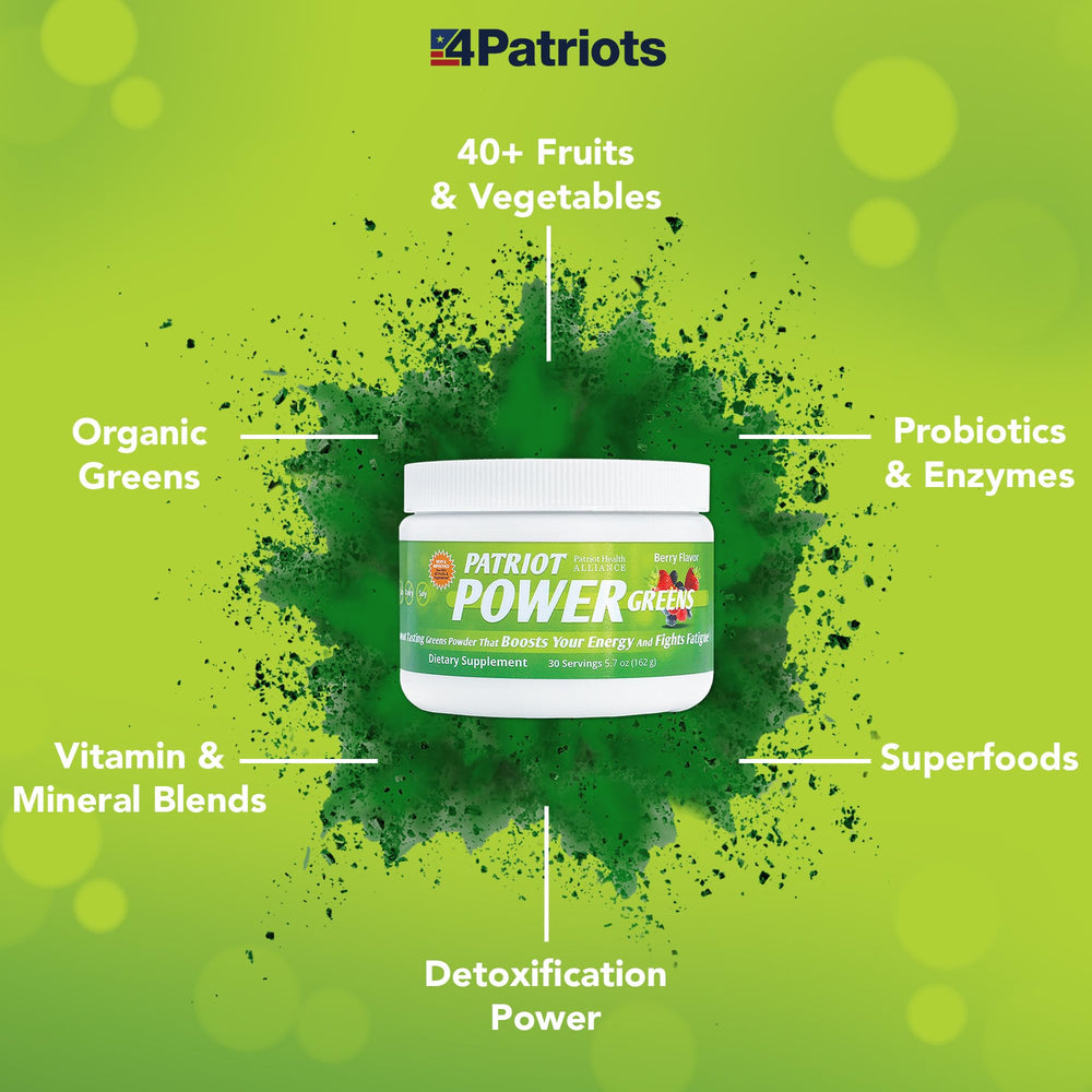 Patriot Power Greens probiotic-enzymes blend supports digestion and nutrient absorption in daily use.