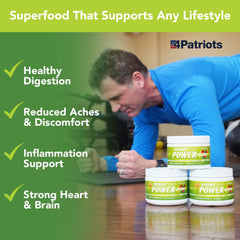Patriot Power Greens scoop in a shaker illustrates convenient daily nutrition.