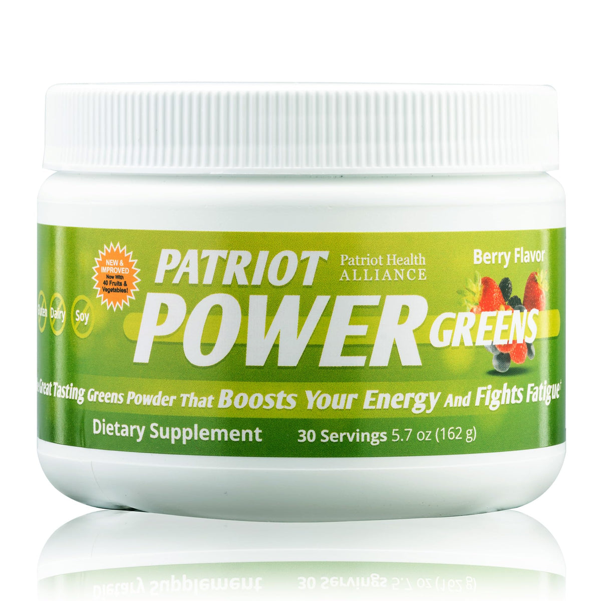 Patriot Power Greens tub front view highlighting 40+ fruits and vegetables for daily energy.
