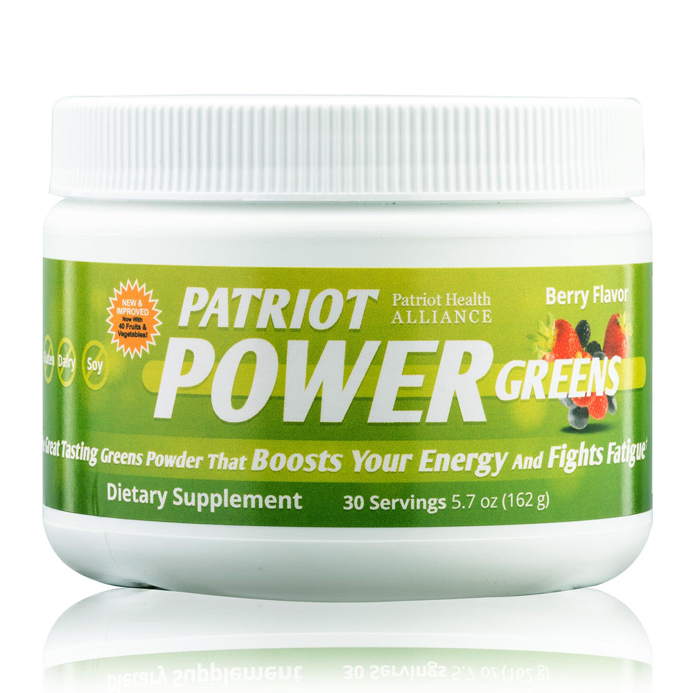Patriot Power Greens tub front view highlighting 40+ fruits and vegetables for daily energy.