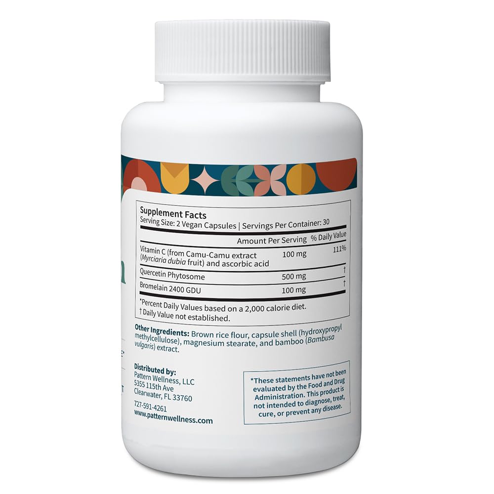 Ingredients strip highlighting quercetin, bromelain and camu camu vitamin C