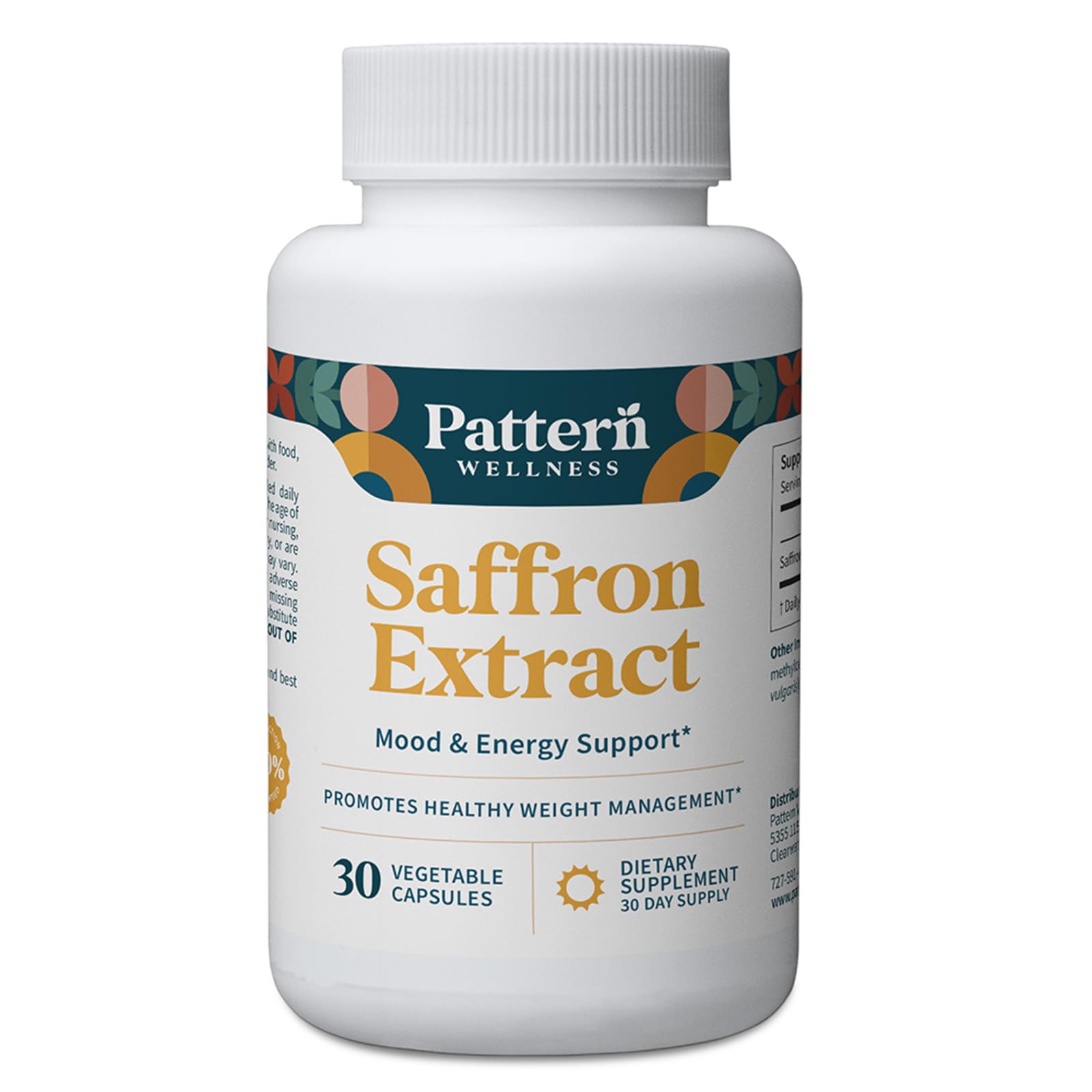 Bottle of Pattern Wellness Saffron Extract with label