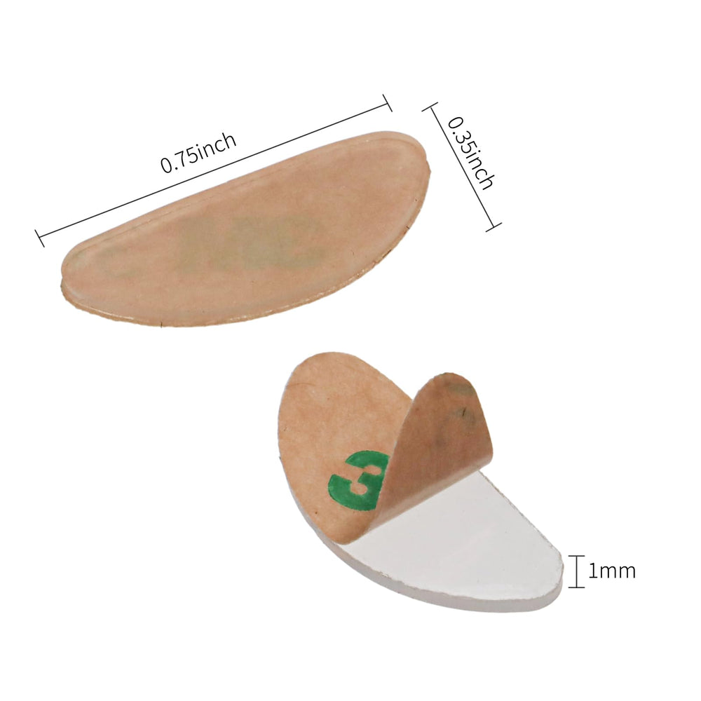 Close-up of D-shaped nose pads attached to eyeglass frame showing 8-pack