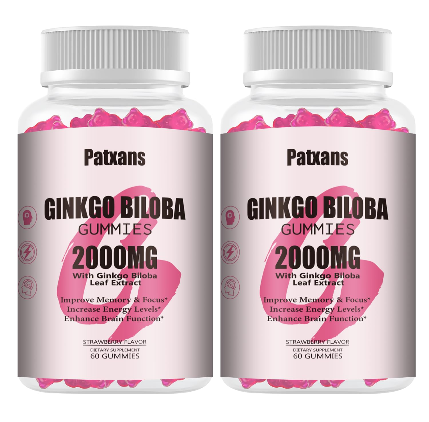 Patxans Ginkgo Biloba Gummies hero image displaying the product bottle and packaging