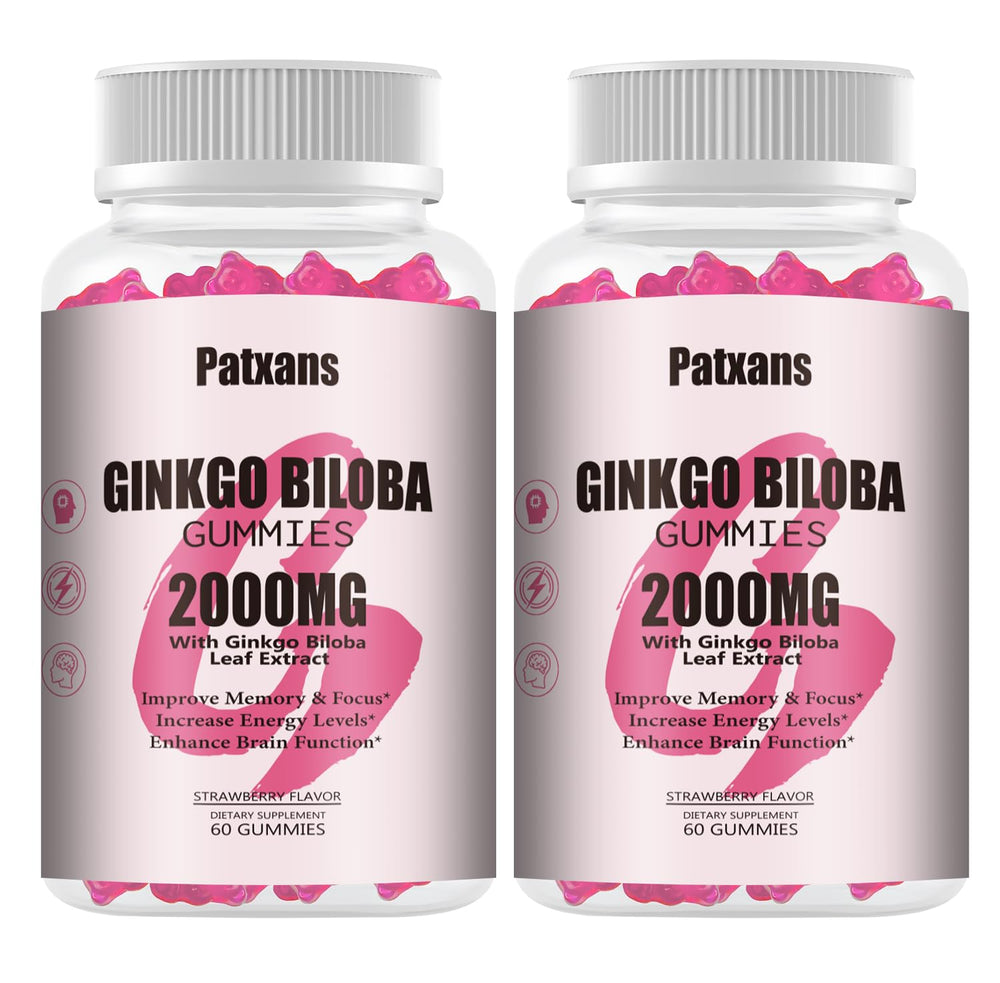 Patxans Ginkgo Biloba Gummies hero image displaying the product bottle and packaging