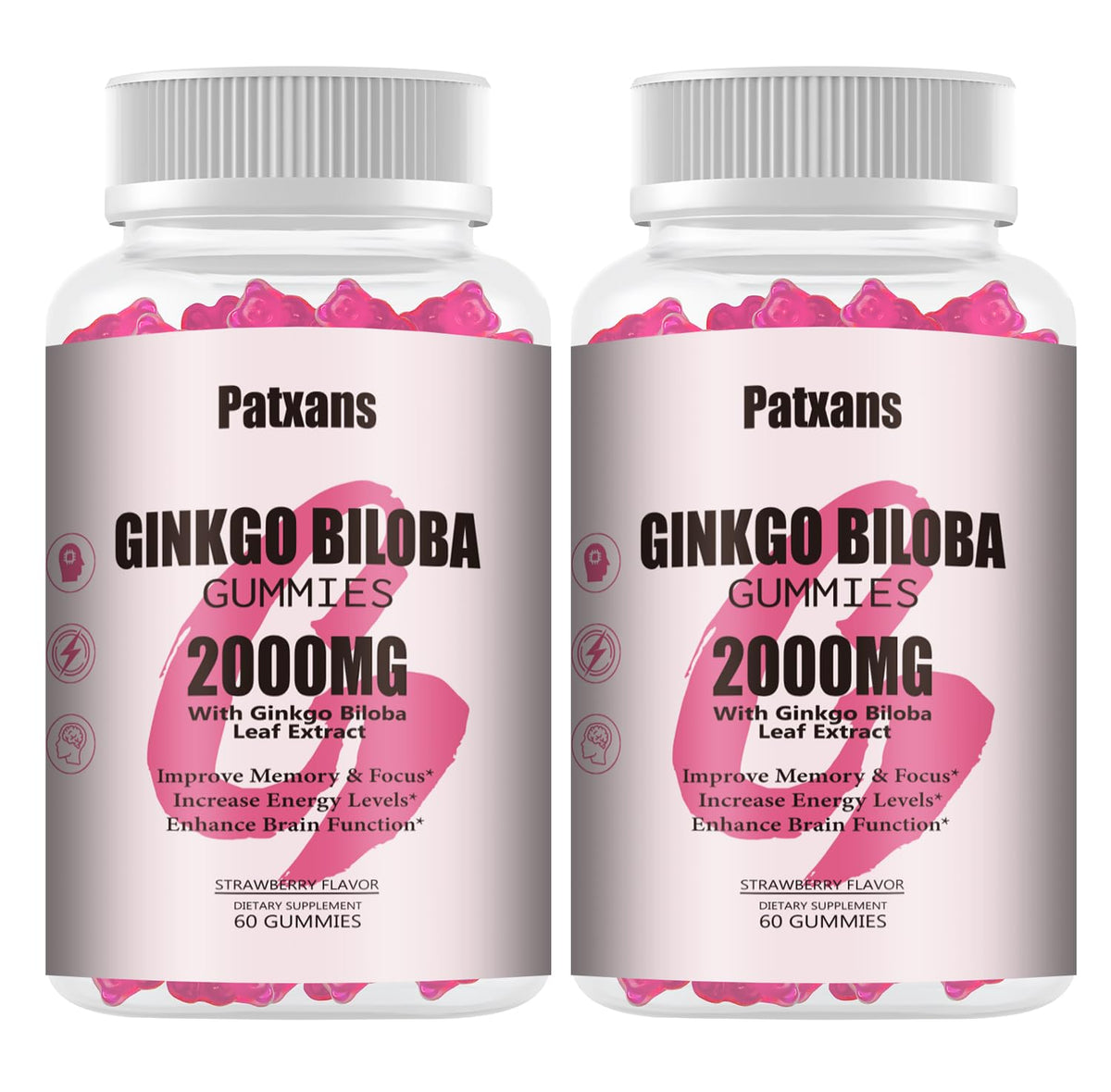 Patxans Ginkgo Biloba Gummies hero image displaying the product bottle and packaging