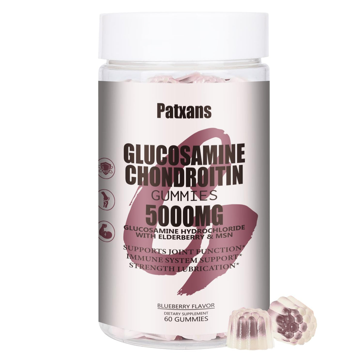 Patxans glucosamine chondroitin gummies blueberry flavor bottle front 60 count
