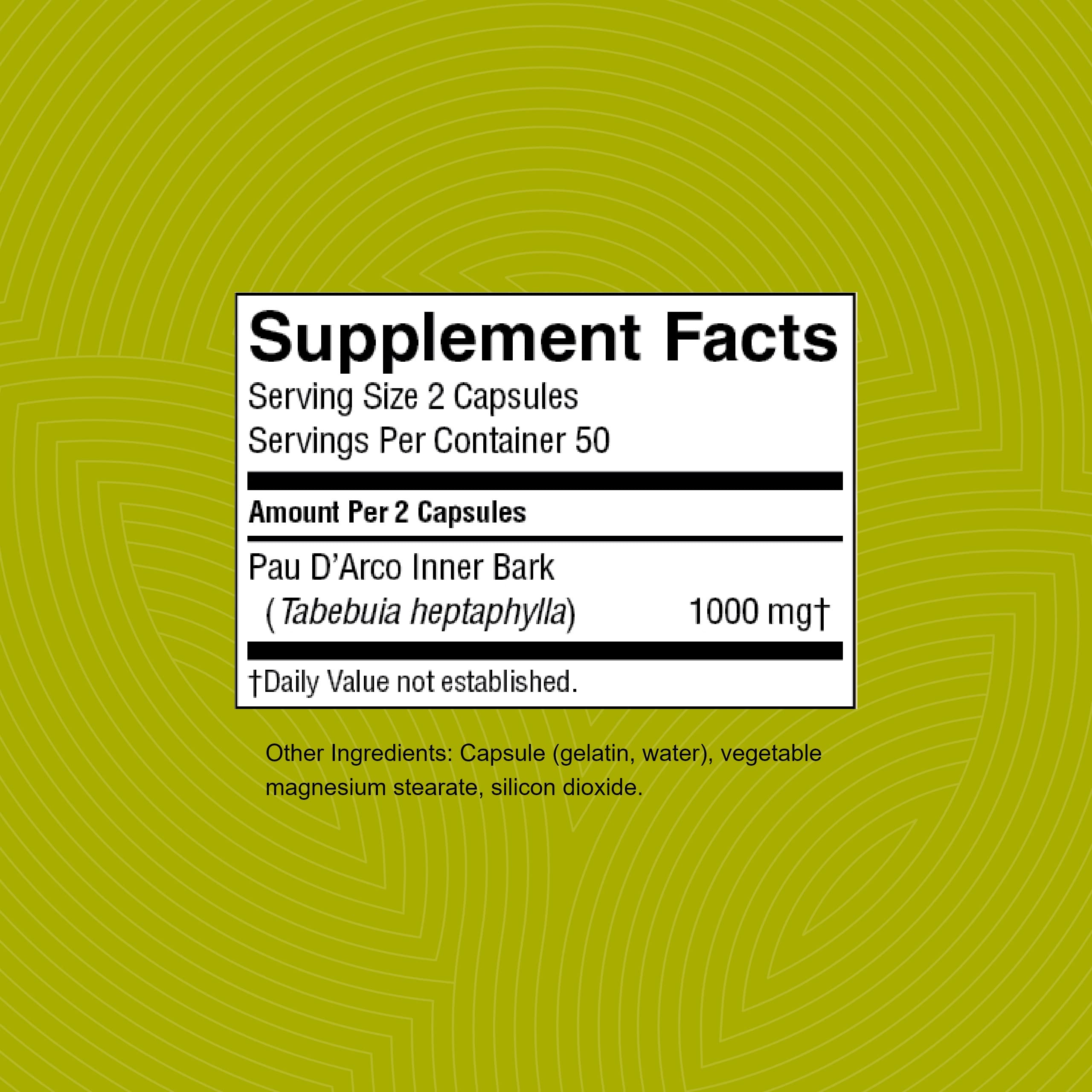 Pau D'Arco packaging label highlighting immune support and antioxidants