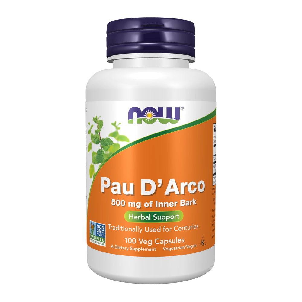 NOW Foods Pau D'Arco 500 mg vegan capsules in a bottle